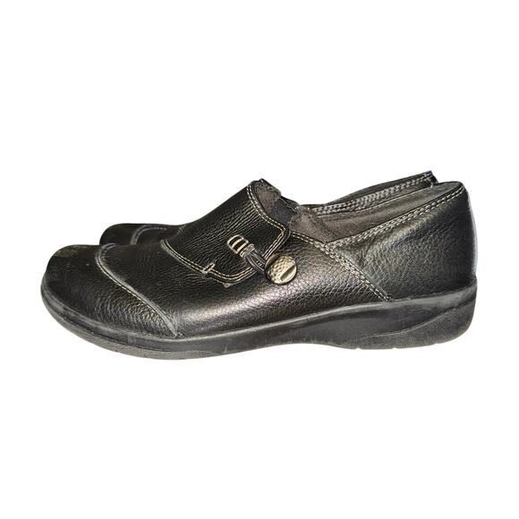 Clarks Ashland Lane Q Shoes Womens Size 7.5 M Black Leather Slip On Elastic Gore - Picture 1 of 8